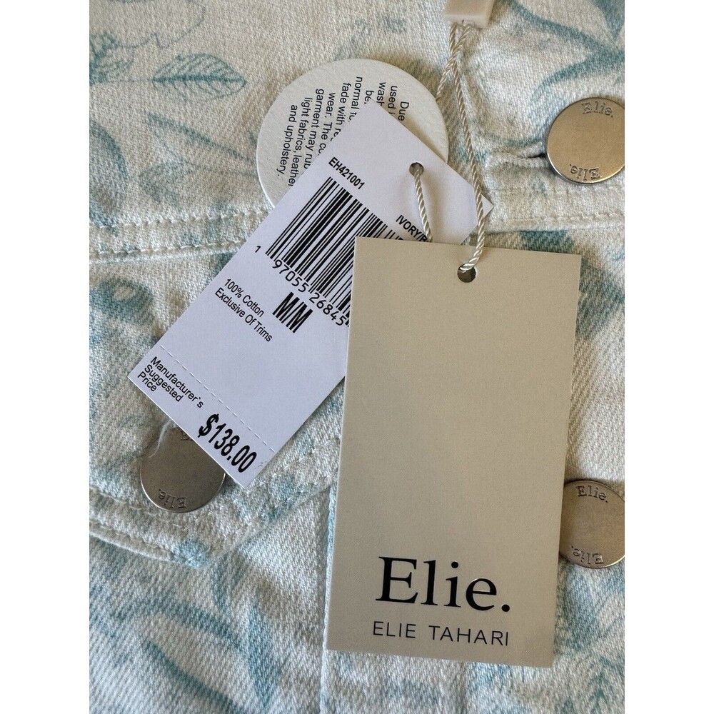 ELIE TAHARI Floral Denim Jacket Cropped Raw Hem White Blue Size M Cotton - Picture 8 of 16